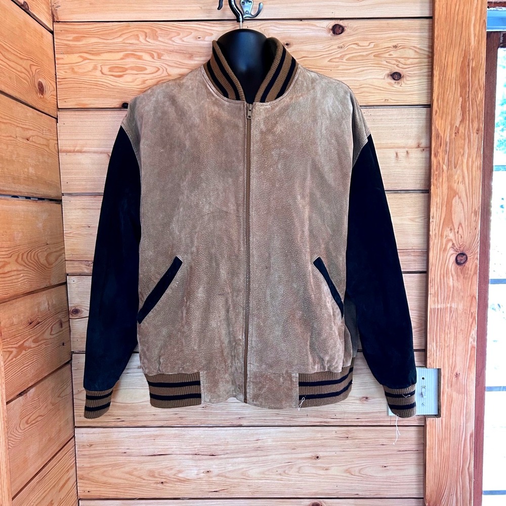Vintage Leather Bomber Jacket Mens Large Tan Black Suede‎ Varsity Retro RETREAT